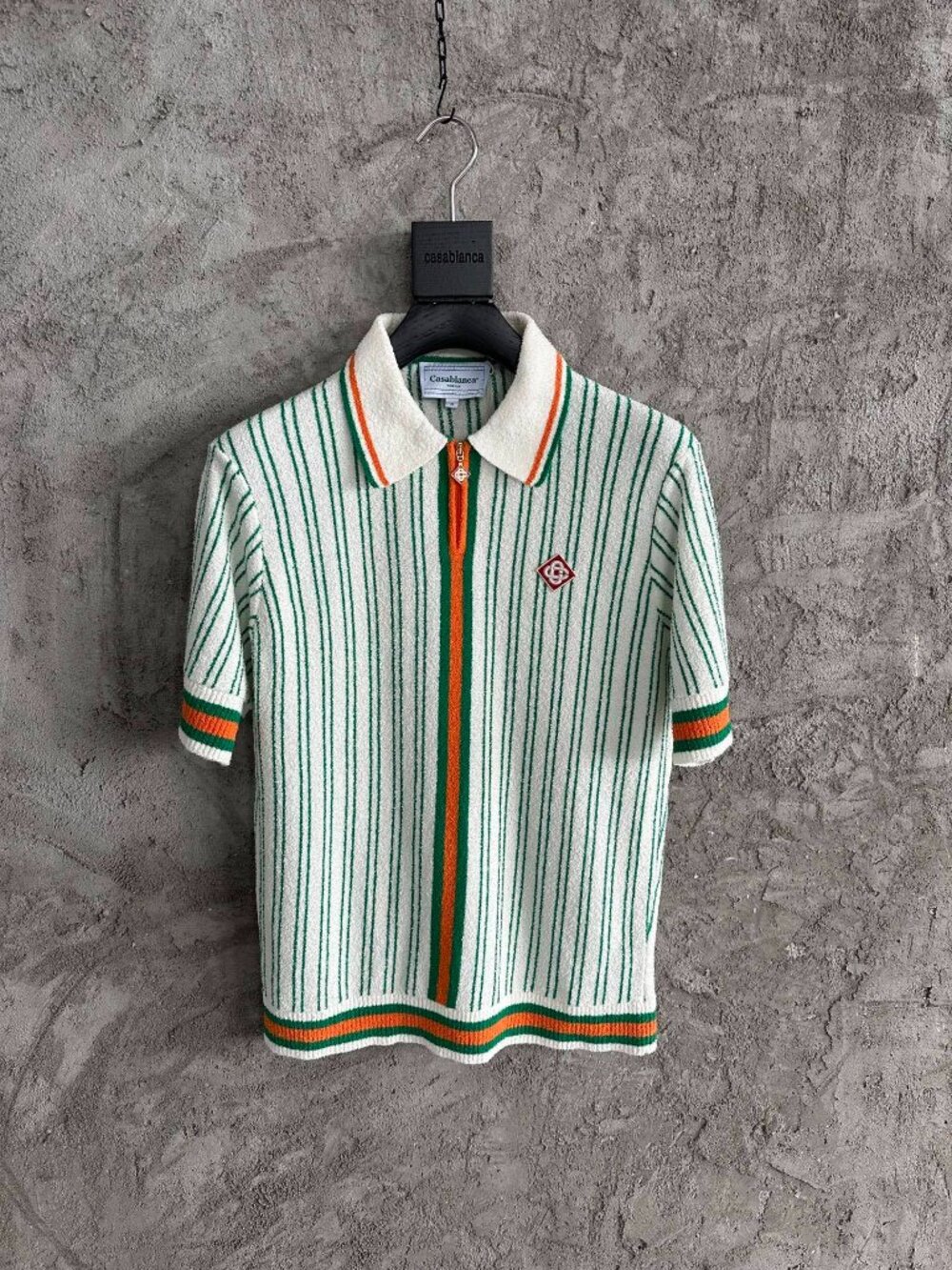 Casablanca Green & White Striped Zip Polo Shirt